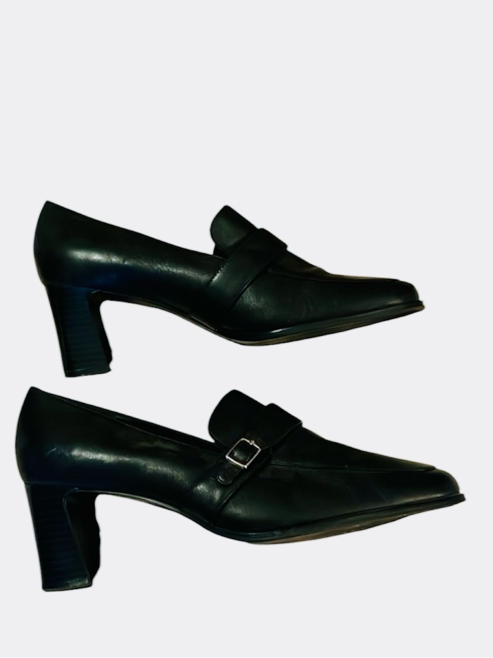 Mootsies Tootsies Women’s Black Square Toe Leather Slip On Heeled Loafers 7.5